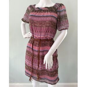 Kandy Kiss Pink Brown Paisley Puff Sleeve Boho Mini Dress Festival Style size M